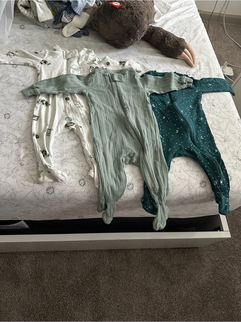 Kids Cotton Footed One-Piece Romper - Sage, Teal & Cream - Pack of 3